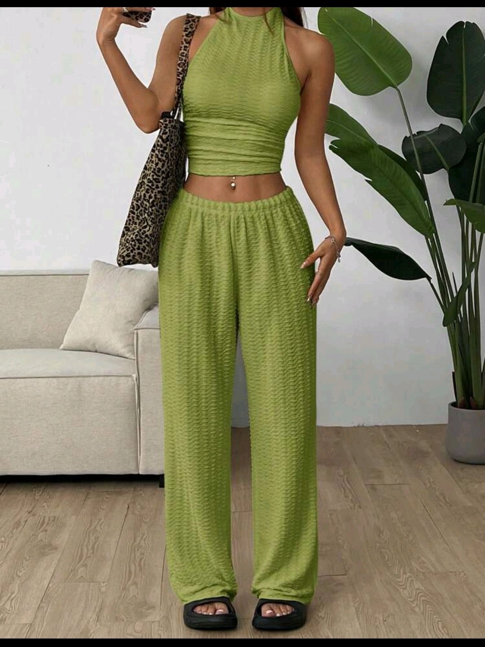 Women’s Olive Green Halter Neck Top And Wide-Leg Knit Pants Set